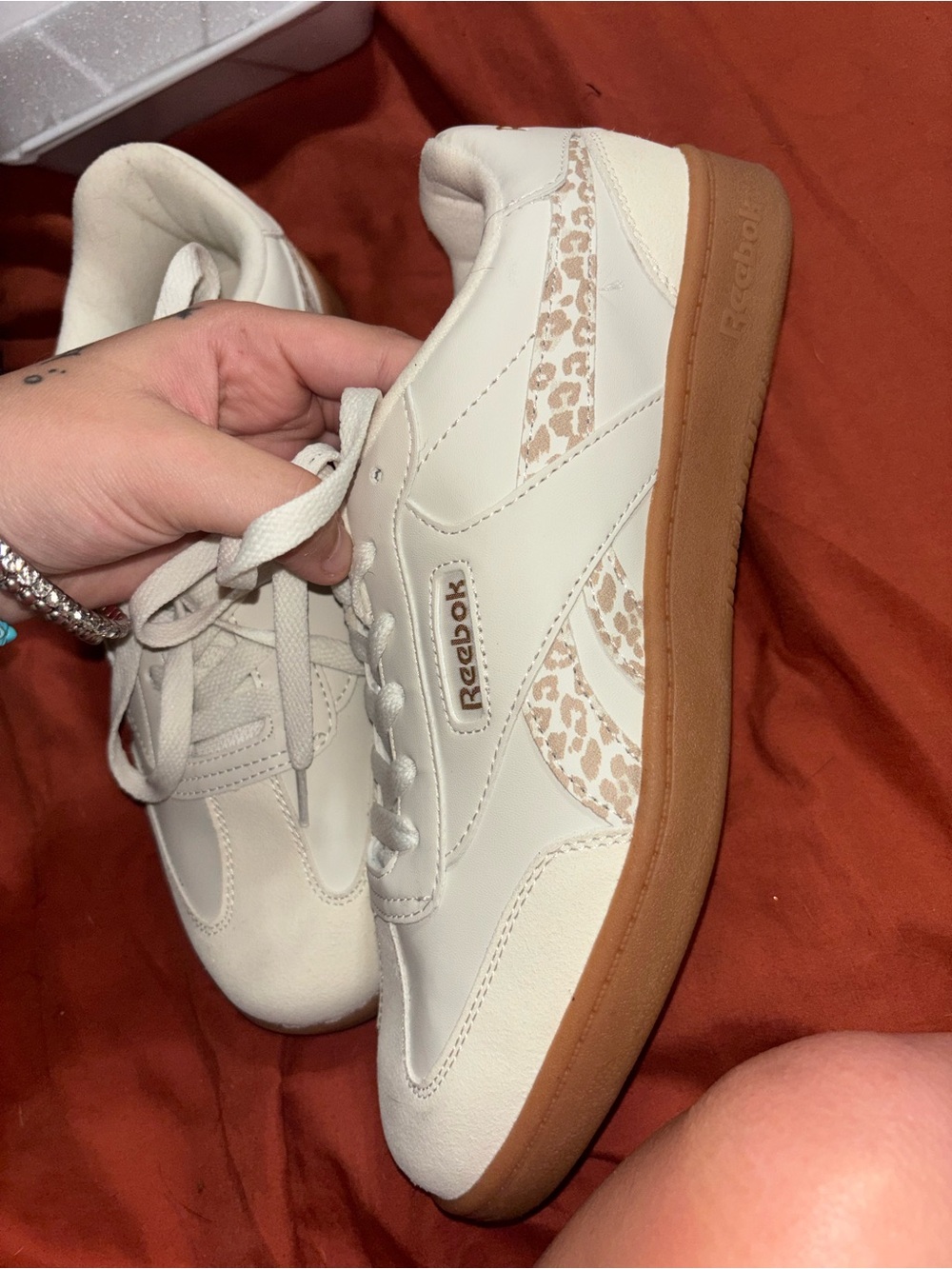 Reebok Women's White Sneakers with Gum Sole and Leopard Accent
